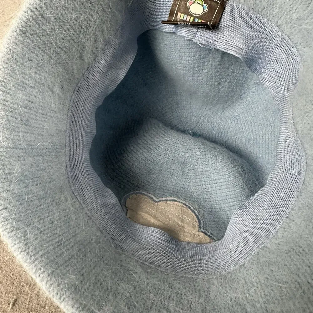 Y2K Bobby Jack Girls‎ Fuzzy Angora Beanie Hat Blue Monkey Embroidered Knit Retro